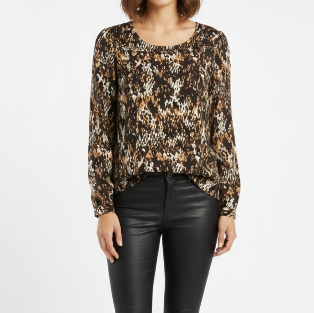 Anne Klein Animal Snake Print Satin Blouse Top Long Sleeve Pleated Brown Small